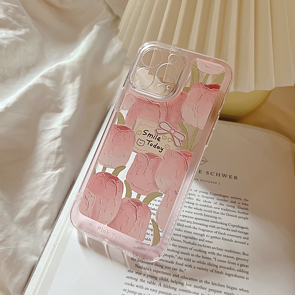 Case Pelindung Transparan Motif Bunga Tulip Pink Untuk Iphone 11 8 7 Plus SE2 XS XR 12 13 Mini PRO MAX