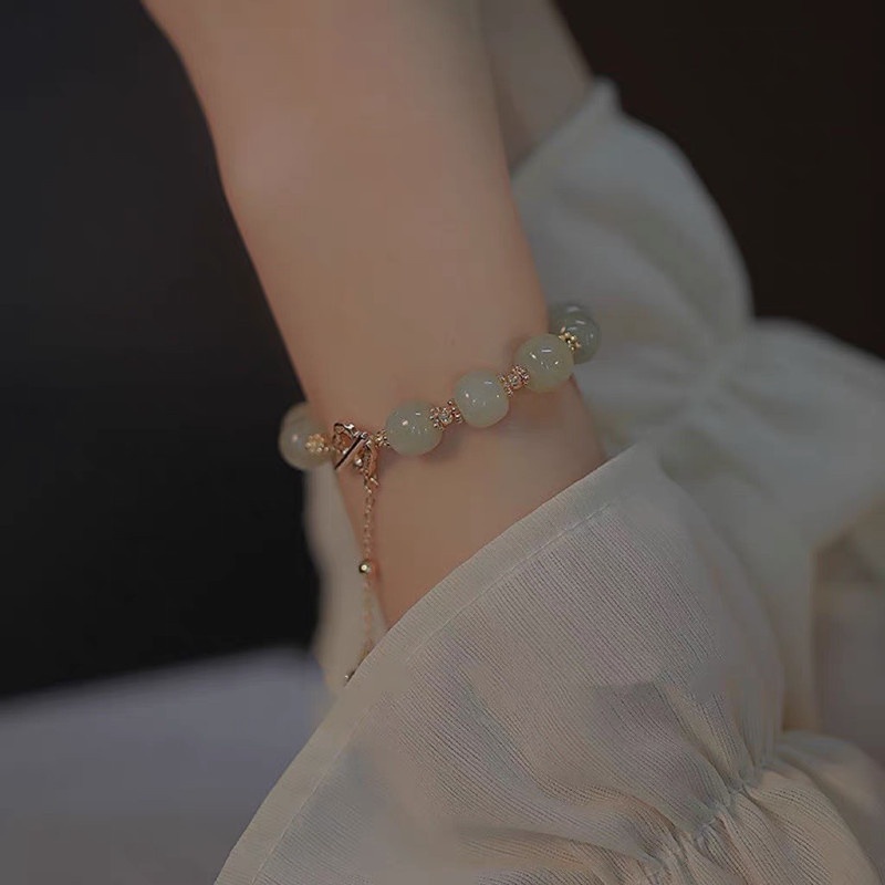 Gelang Tangan Manik-Manik Giok Hetian Aksen Daun Clover + Mutiara Imitasi Untuk Perhiasan Wanita