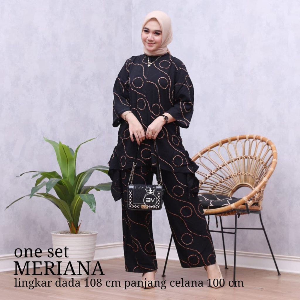 Meriana Set - One Set Wanita Rayon Premium Setelan Wanita Batik Lengan 7/8 Set Celana Kekinian LD 108 cm