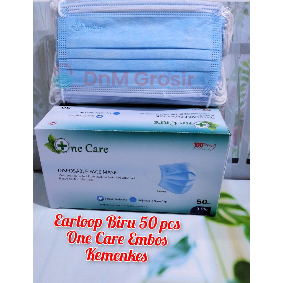 Masker Earloop Biru Embos 3 ply Kemenkes isi 50 Pcs