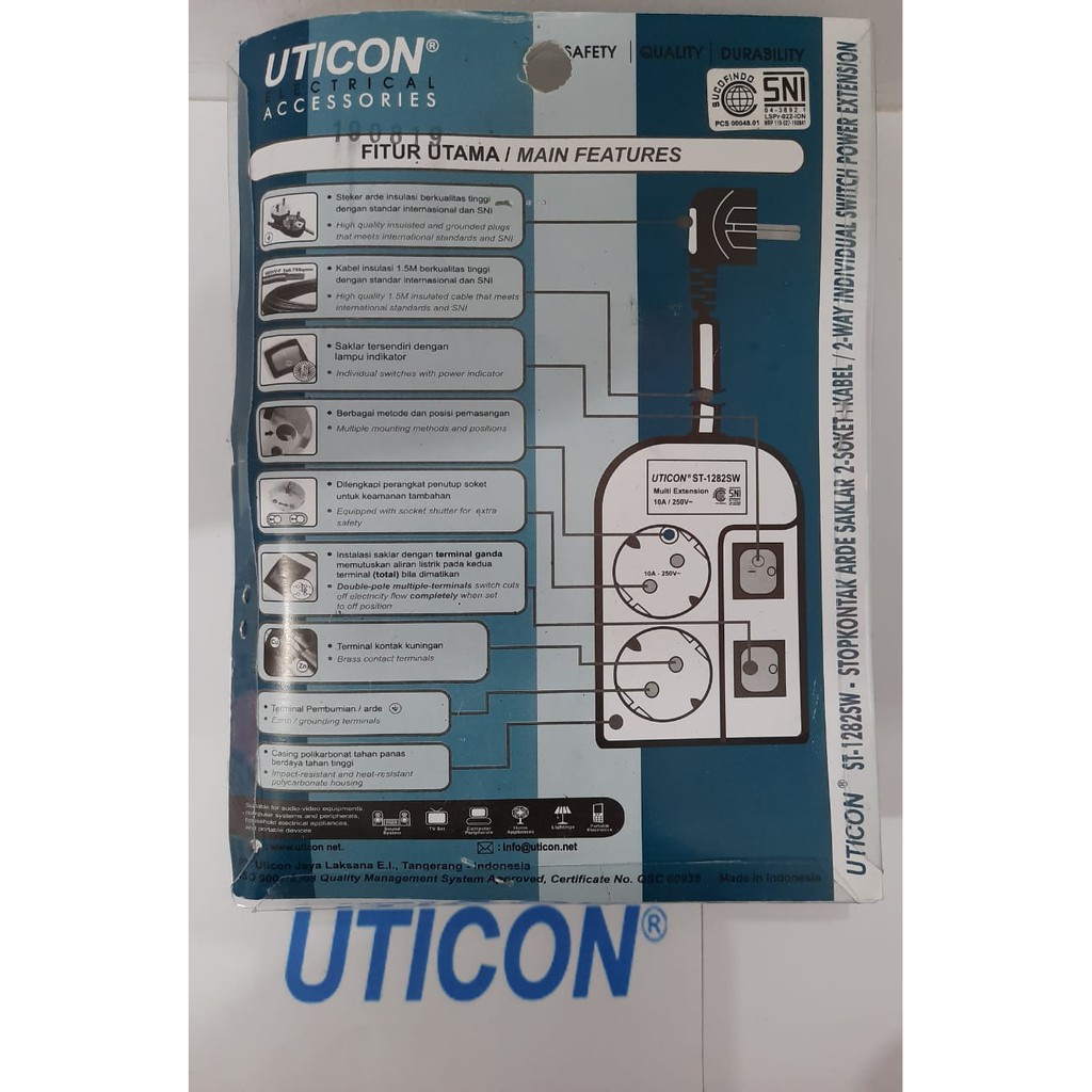 STOP KONTAK 2 LUBANG + SAKLAR TERSENDIRI KABEL 1.5M UTICON ST-1282 SW