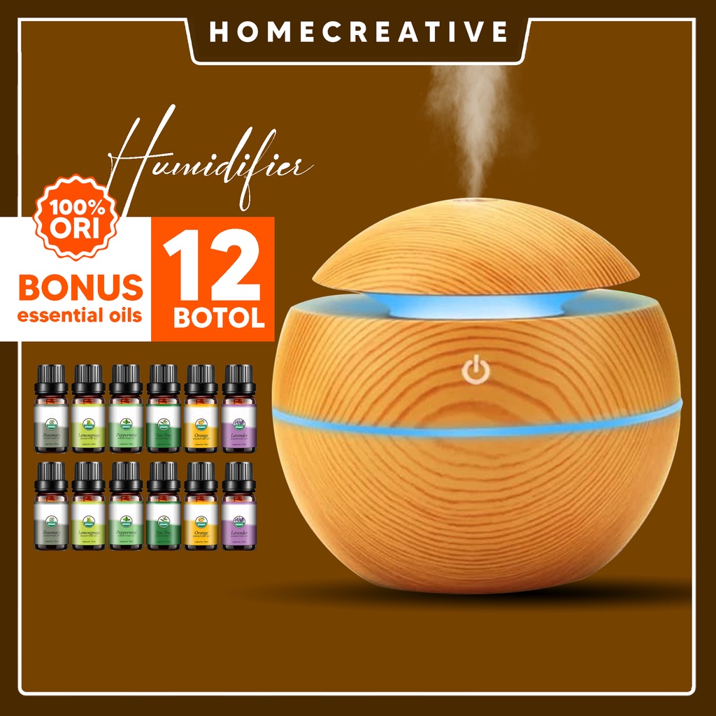 HOME CREATIVE 100% Original Humidifier Diffuser Warna RGB Purefier Pelembab Udara Humidifier Ruangan Filter Ruangan Pengharum Ruangan Diffuser Bonus 12 Botol Esensial Oil Pure 100% Termurah