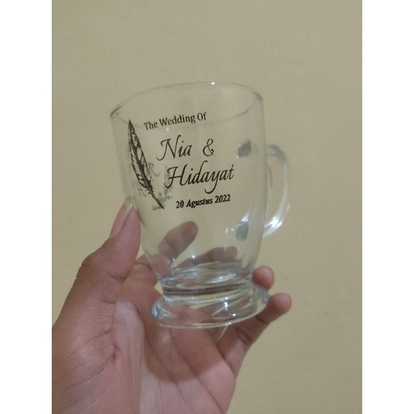SOUVENIR GELAS PIALA SABLON CUSTOM LOGO WEDDING KEMAS BOX