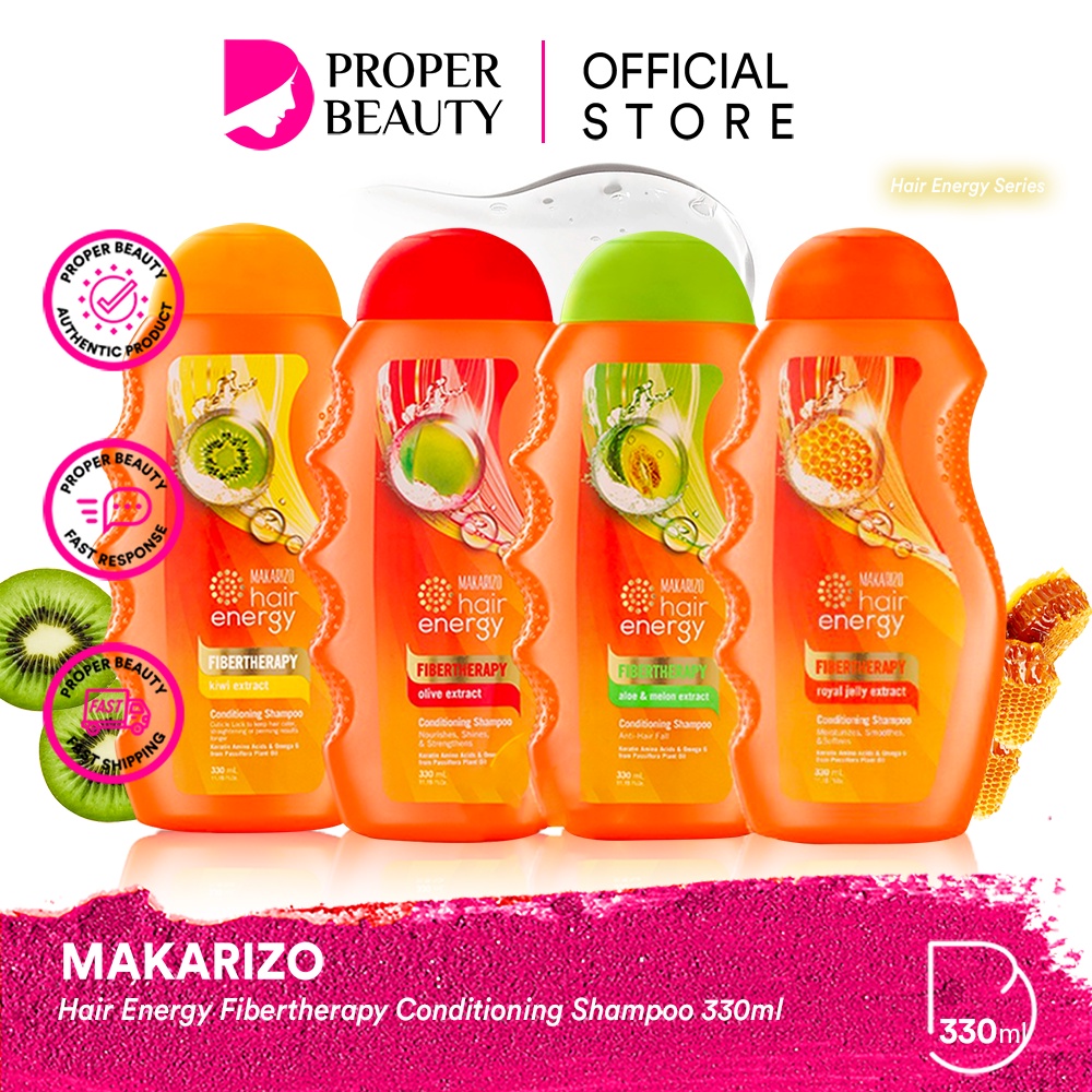 MAKARIZO Hair Energy Fibertherapy Conditioning Shampoo 330ml Indonesia / Aloe &amp; Melon Kiwi Royal Jelly Olive Ginseng Extract / Perawatan Treatment Rambut Shampo Sampo Conditioner Kondisioner Pelurus / Creambath Masker Vitamin / Skincare Care Paket 170ml