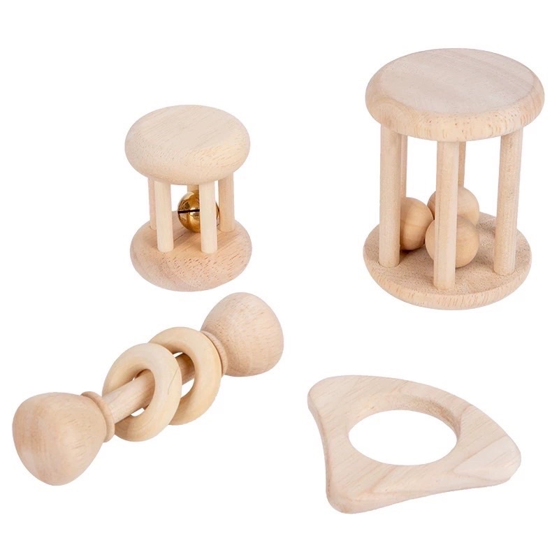 Wooden Baby Rattle Toy Montessori Teething Ring Log Geometric Grab Toy Set mainan genggam bayi