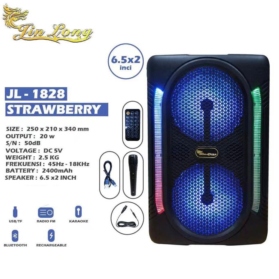 Jinlong JL-1828 STRAWBERRY 6.5"x2 Paling Diminati Speaker Bluetooth Karaoke Free Mic Radio Fm remote