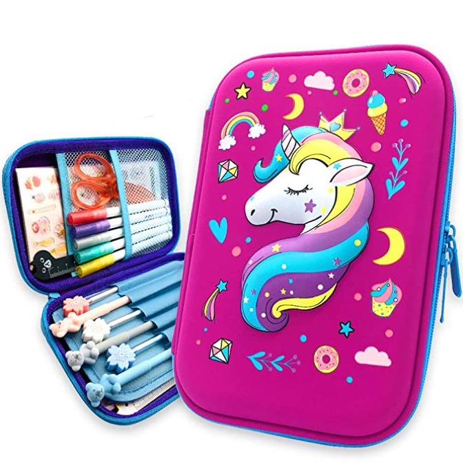 COD, ready: Tempat pensil kotak pensil 3D Unicorn Hardtop Pencil Case tempat pensil mermaid