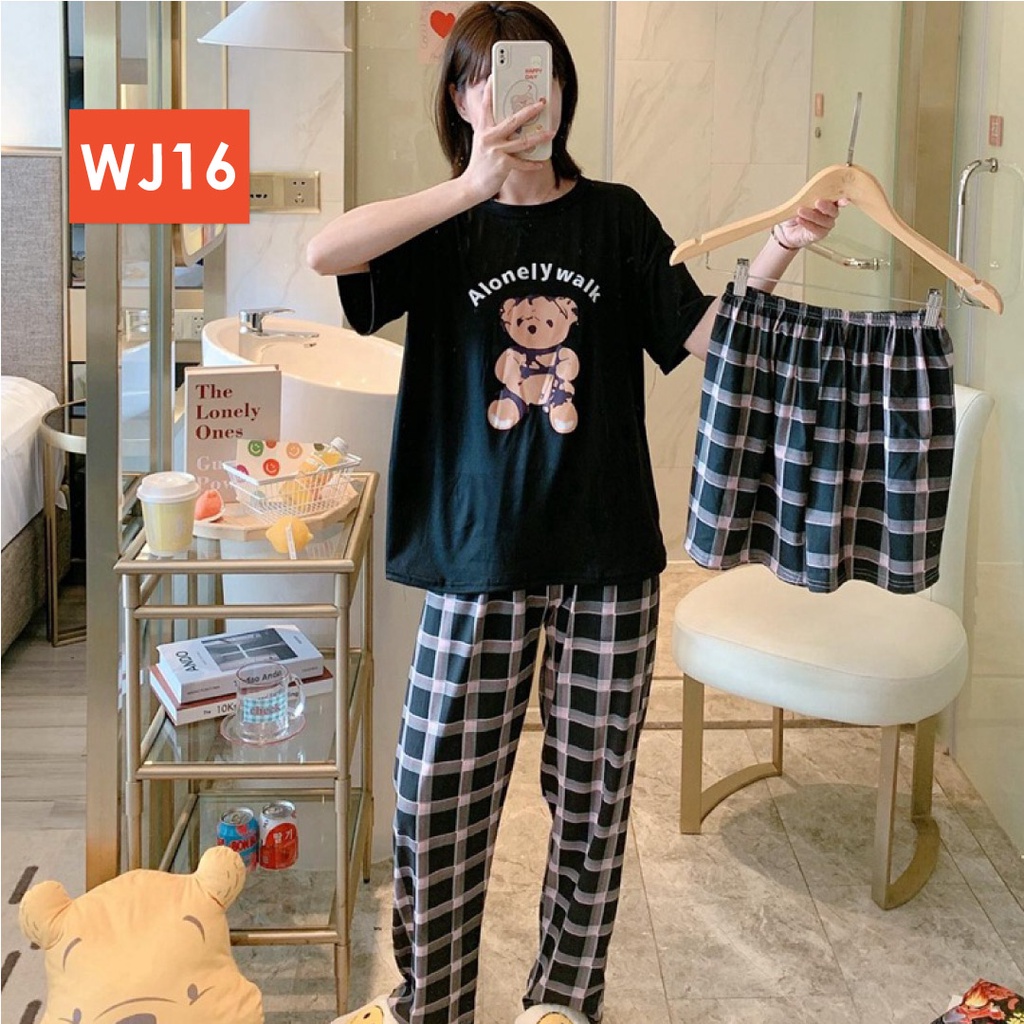 LAPAGO - Piyama Dewasa Wanita Perempuan Import Celana Pendek Celana Panjang - Baju Tidur Kartun Wanita Dewasa 2021-WJ16 - Lonely Hitam