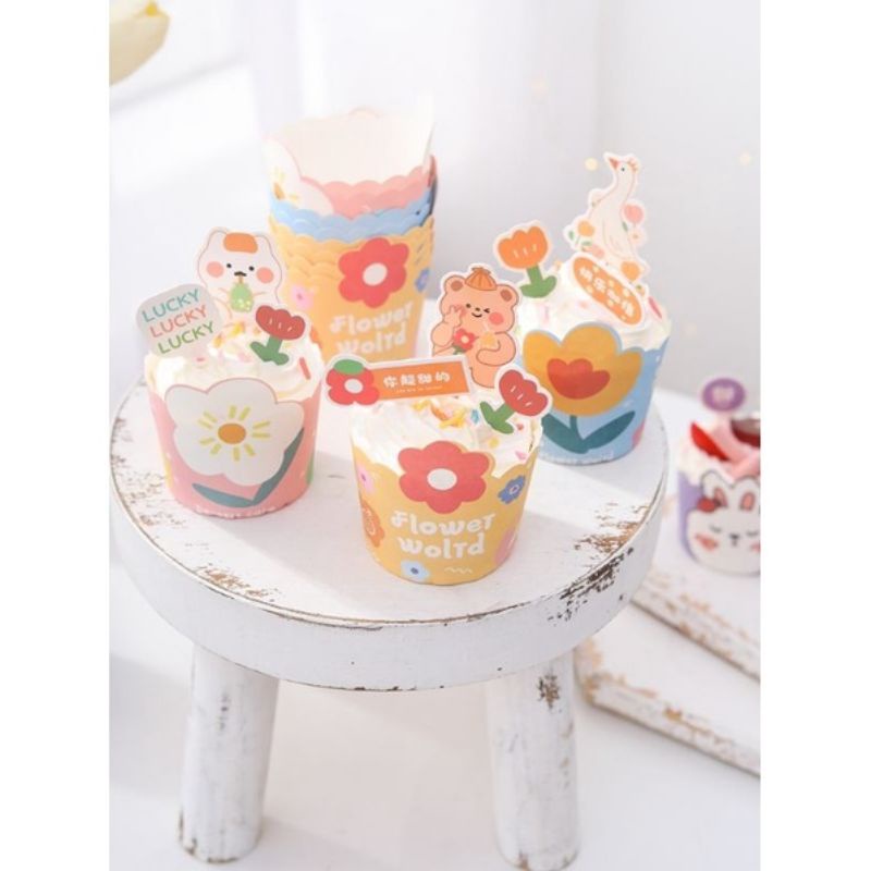 25-PCS MUFFIN CASE BUNGA KAWAII CUPCAKE IMPORT DAN TOPPER BUNGA