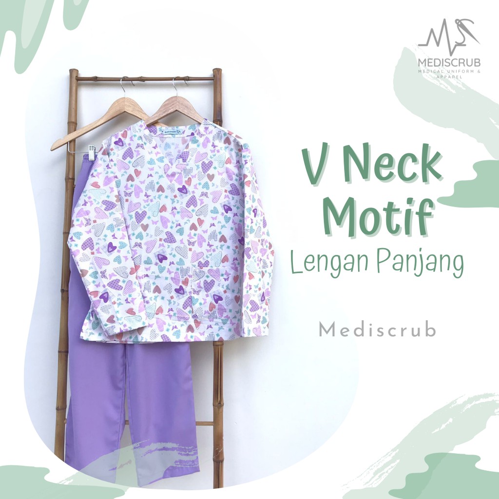 MEDISCRUB - V NECK Wanita Motif Lengan Panjang Celana Polos Scrub OK Medis