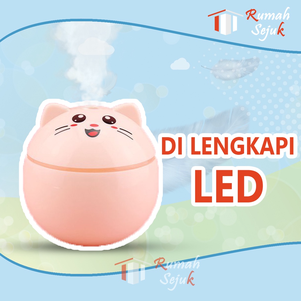 RS - Air Humidifier Diffuser Aromaterapi Alat Pengharum Ruangan Difuser Disfuser Unik Lucu Kucing RS-H32 Humdifier Purifier Difusser Defuser Humidifer Humadifier Humudifier Dispuser Humifider Portable Mobil Car Uap Hiasan Kamar Lampu LED Free Gratis Oil-Cat Pink + 6 Oil