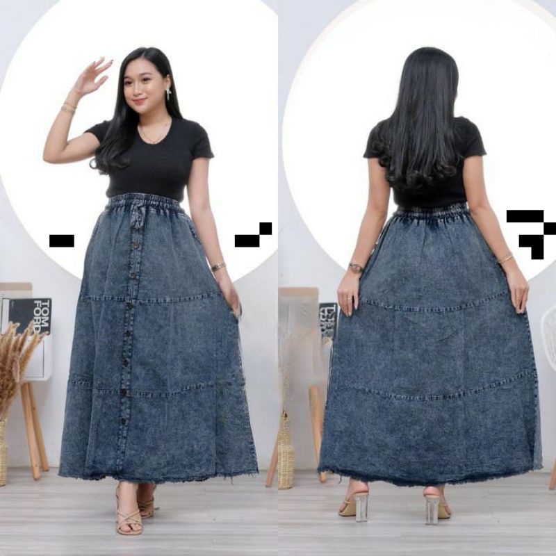 Rok Jeans Panjang Rok Jeans Kancing Depan // Rok Jeans Wanita Kancing Premium