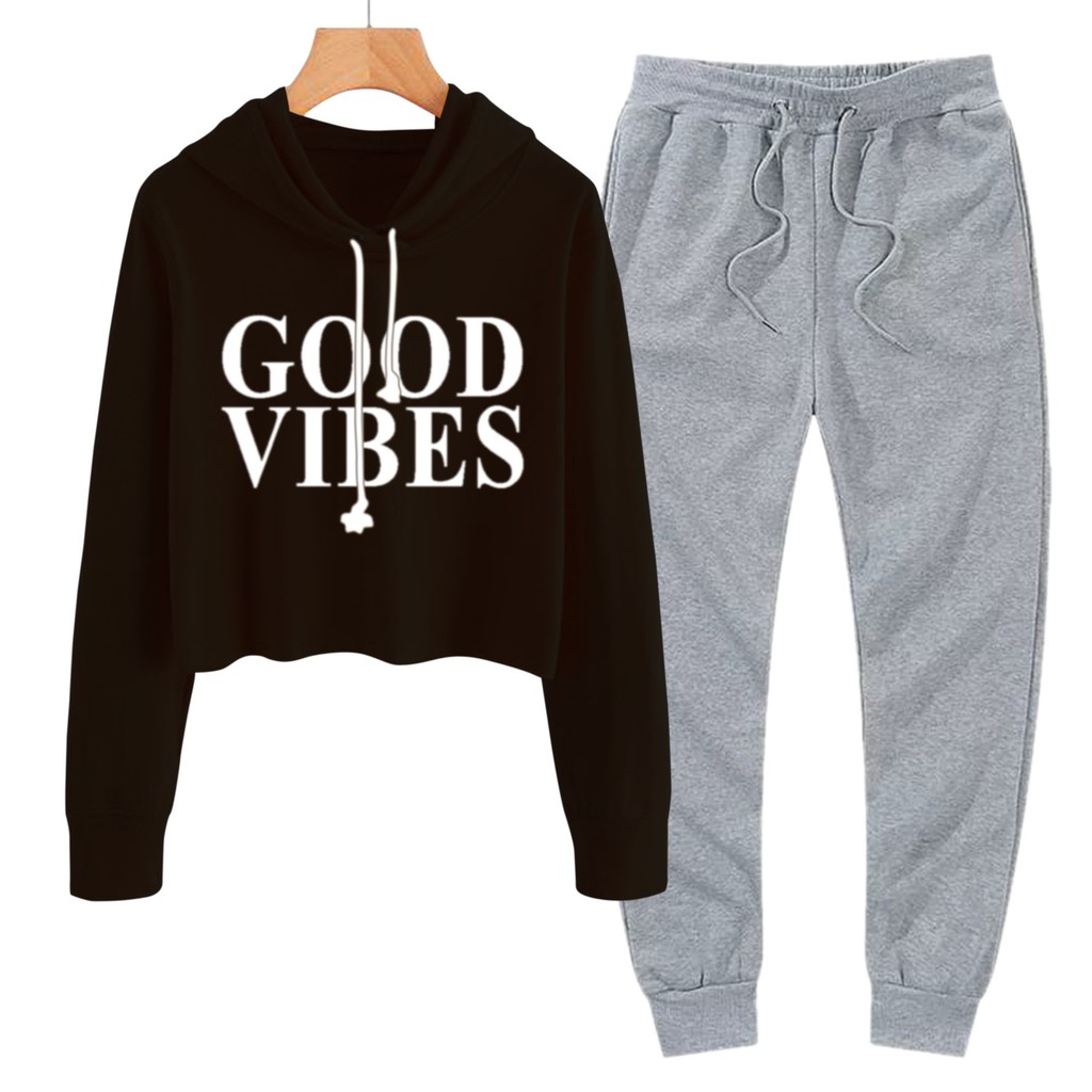 BESS - Baju Setelan Wanita Murah / Setelan Hoodie Crop + Jogger Abu - GOOD VIBE