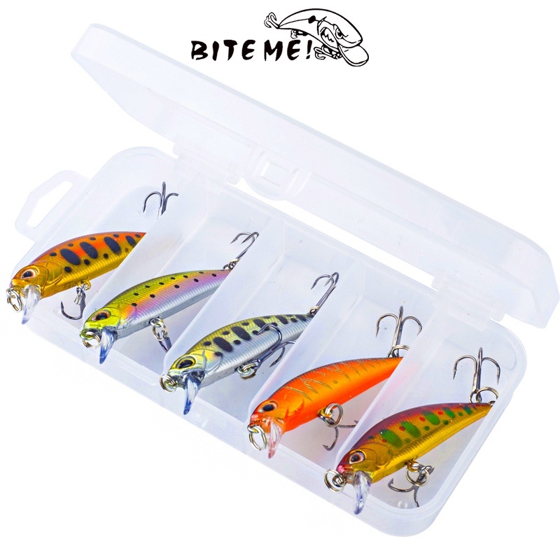 5pcs / Kotak Umpan Pancing Ikan Minnow Mata 3d Bahan Abs Keras 5g / 5cm Dengan 2 Kait Treble