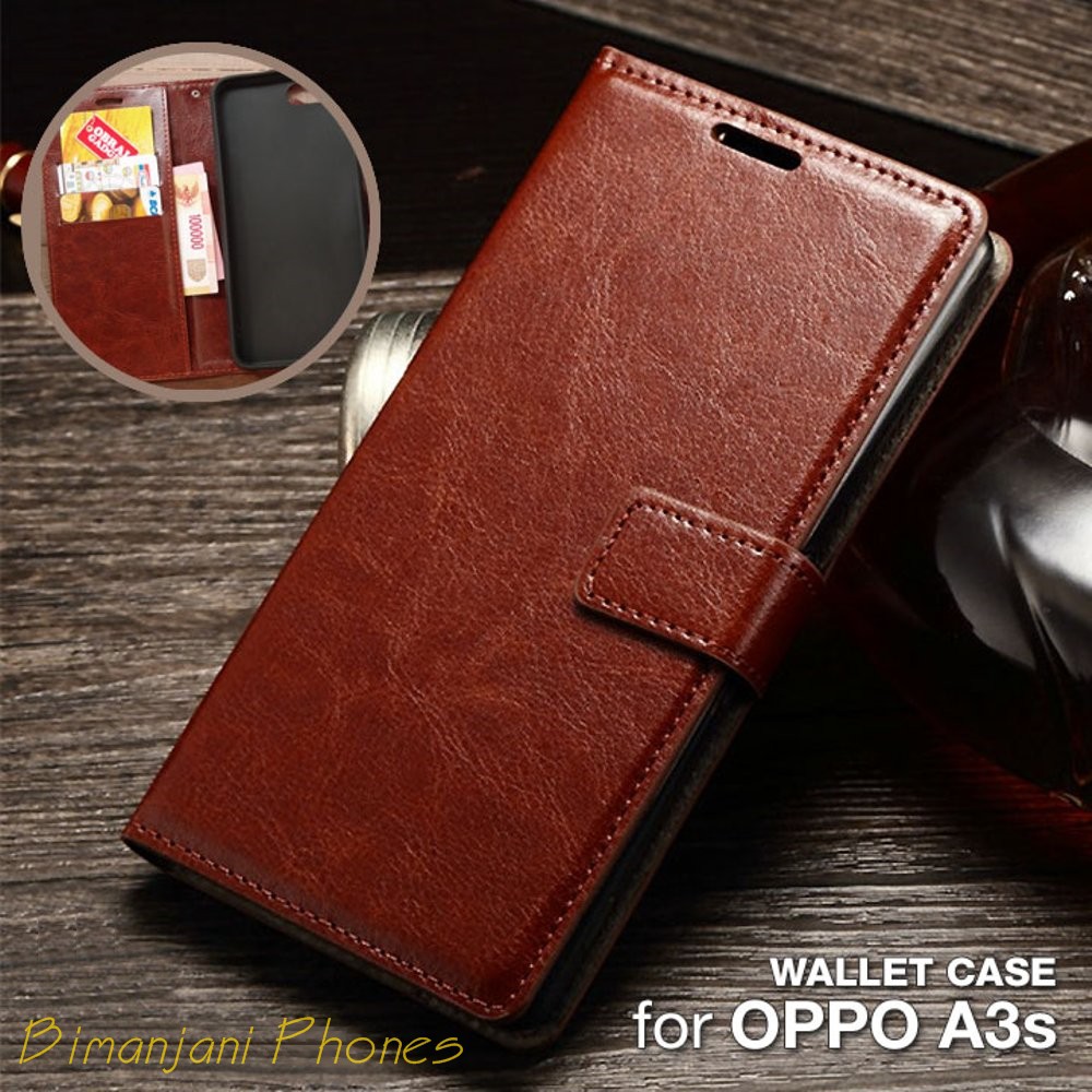 OPPO A3S Flip Cover Case Leather Wallet - Casing Dompet Kulit