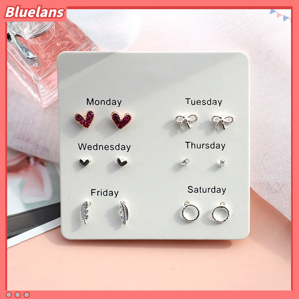 Set 6 Pasang Anting Stud Bentuk Hati Bulu Snowflake Lingkaran Untuk Wanita