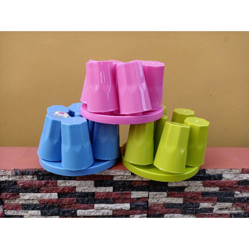 cangkir gelas set plastik + holder stand sunlife