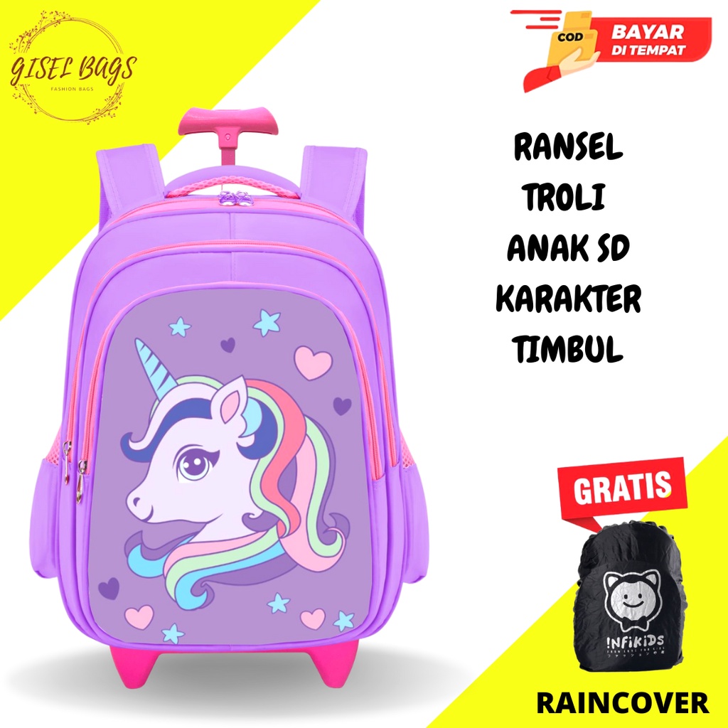 GB-Tas ransel troli anak perempuan SD tas ransel troli timbul tas ransel troli karakter lucu tas ransel troli import