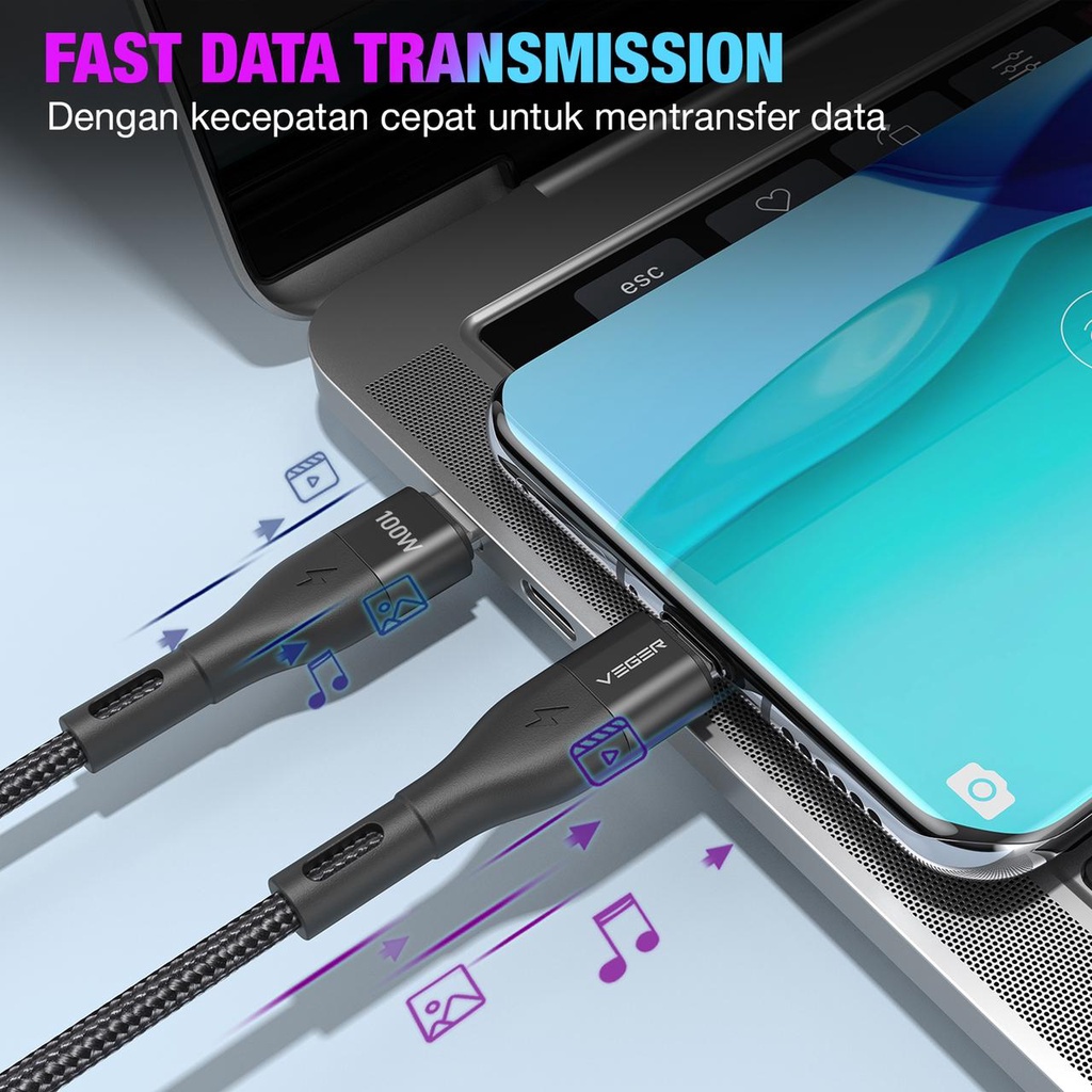 Kabel Data  VEGER Cable CPD100 Power Delivery PD 100 Type C to Type C 1000mm