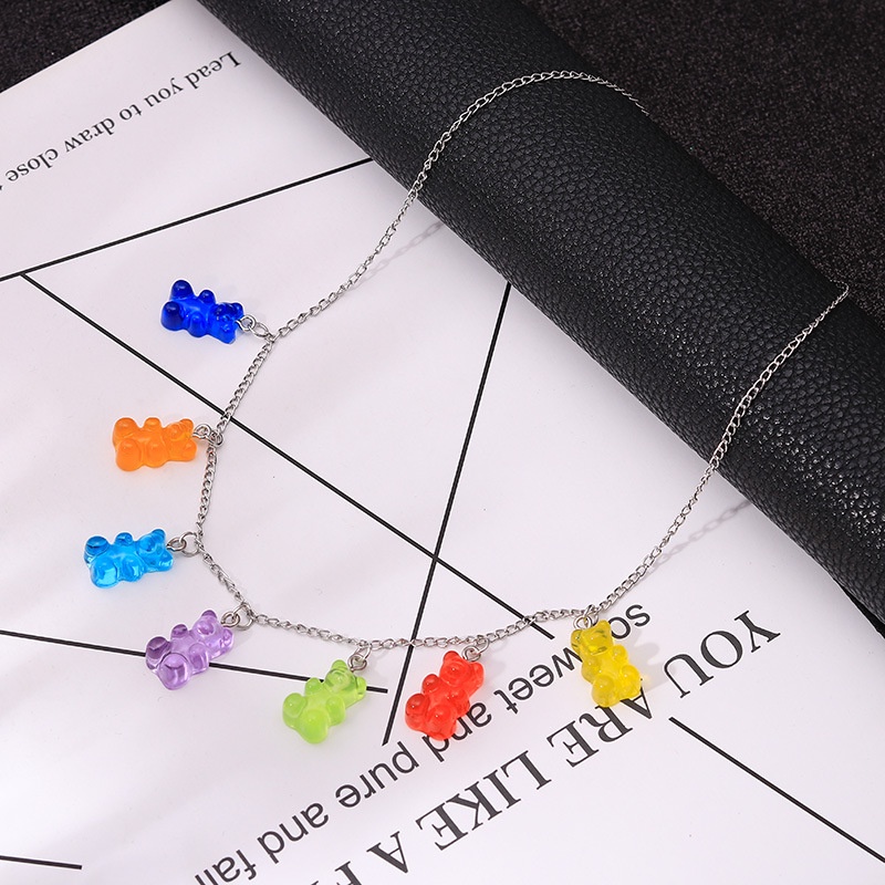 Kalung Rantai Choker Hias Liontin Beruang Gummy Warna Permen Gaya Korea Untuk Perempuan