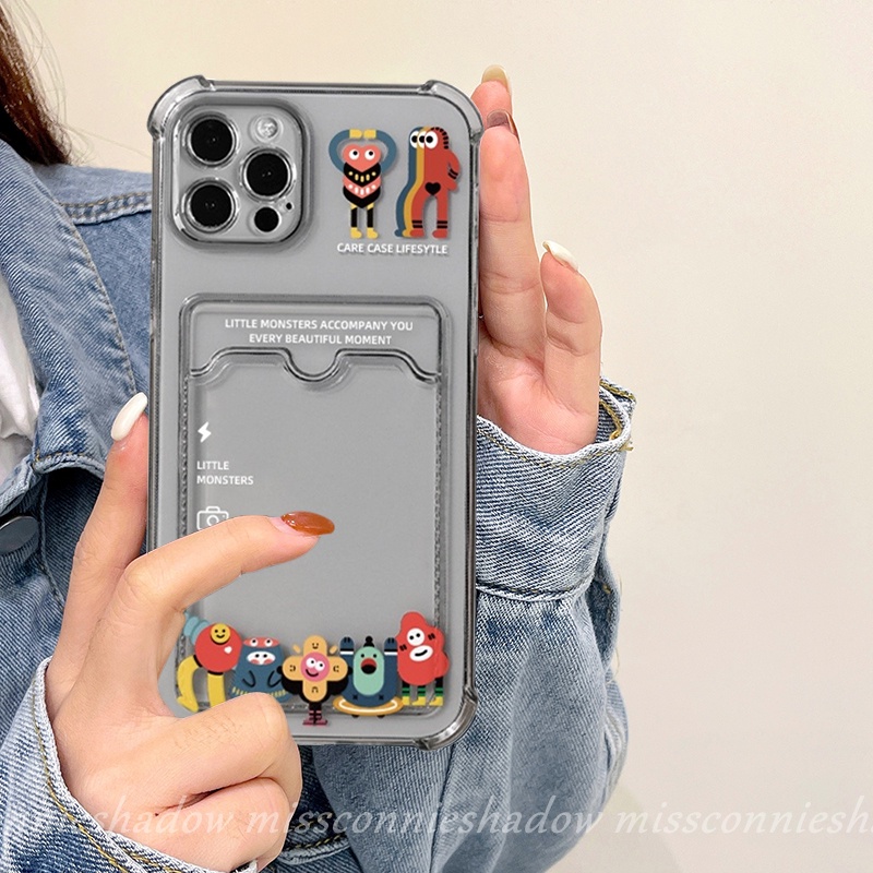 IPHONE Casing Dompet Tembus Card Holder Case Kompatibel Untuk Iphone6 6s 7 8 Plus 11 12 13 14 Pro Max SE 2020 XR X XS Max Cute Little Monster Card Holder Shockproof Phone Back Cover