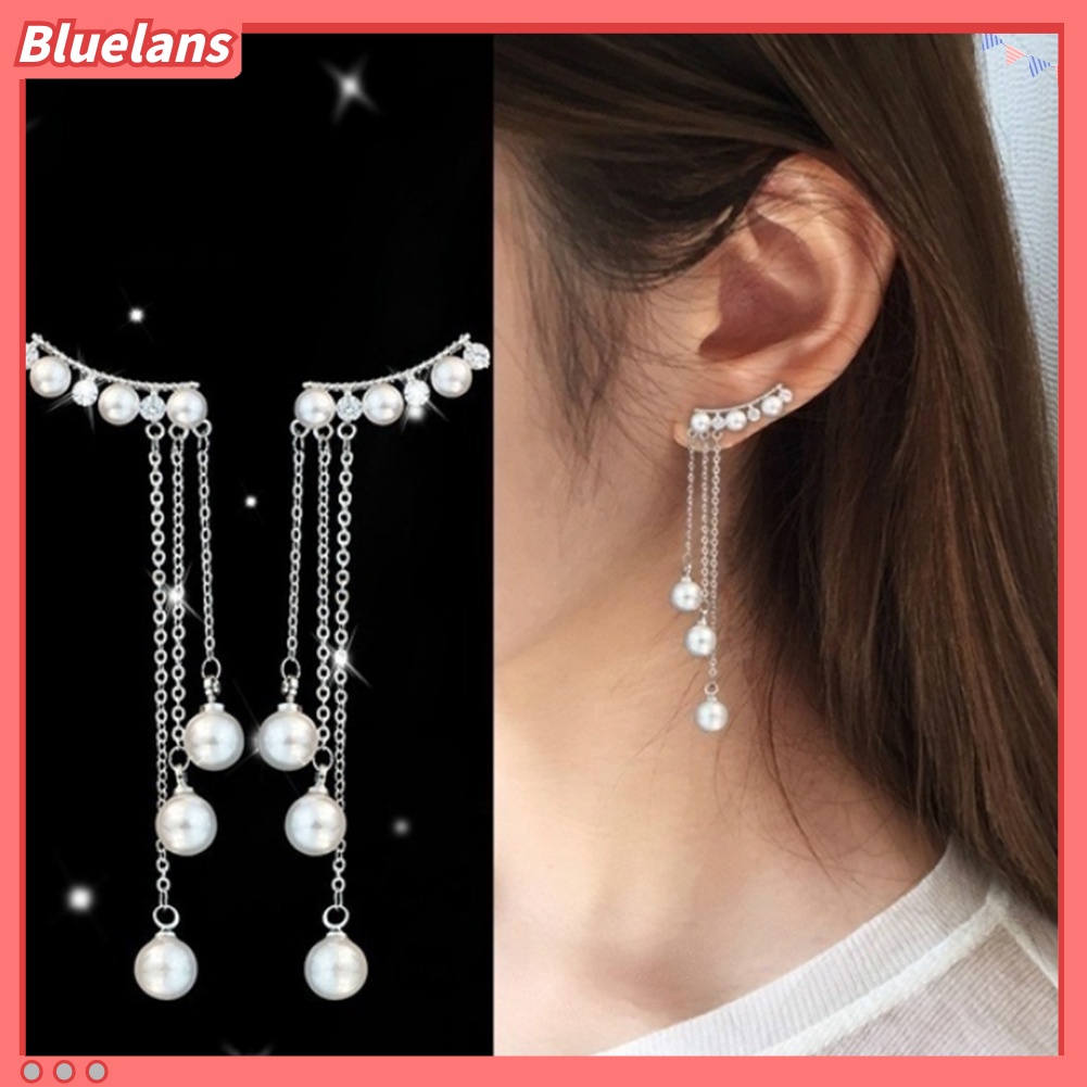 Bluelans Anting Tusuk Gantung Wanita Desain Rumbai Rantai Hias Mutiara Imitasi Untuk Hadiah