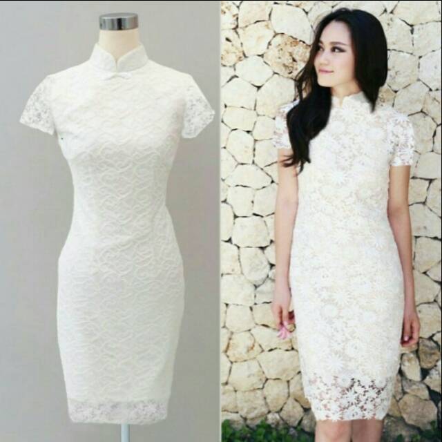 Dress Midi/Mini/Gaun Full Brukat/Brokat/Lace Putih Shanghai Simple Modern Etnik Elegant Party/Pesta