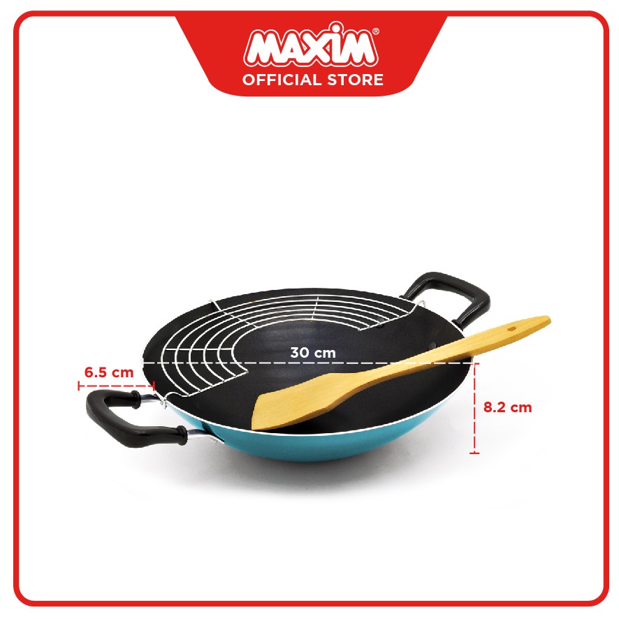 Maxim New EZP Wajan Penggorengan Teflon Anti Lengket 30cm Wok + Spatula Kayu + Tirisan Minyak