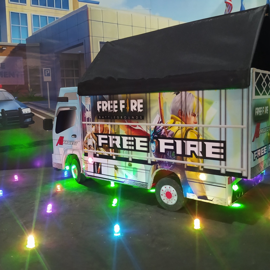 Truk Oleng Miniatur Kayu Asli  Full Variasi FF Free Fire Lampu Kelap Kelip Terpal Roda Kayu Mainan A