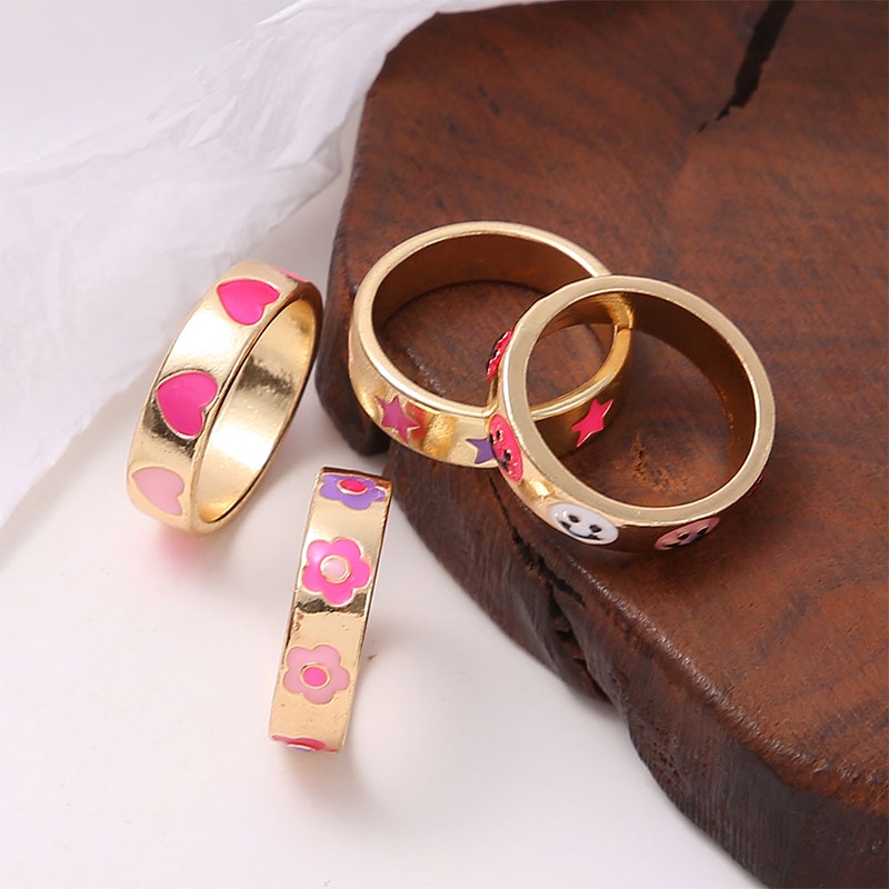 Fashion Sederhana Macarons Bohemian Kartun Cincin Cinta Smiley Bunga Bintang Seri Cincin Pasangan - olo