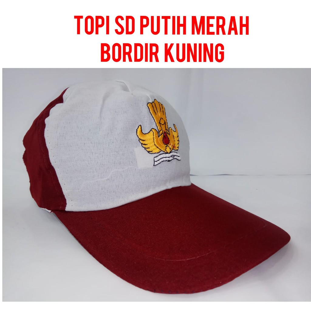 Topi SD bordir merah putih / Topi Sd Putih Bordir Kuning