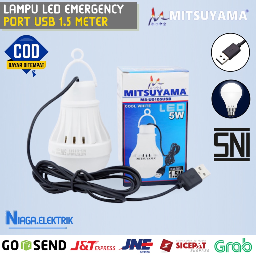 Lampu / Bohlam Emergency Darurat LED 5 W, 10 Watt, 15 Wat bulat Terang Port USB DC Panjang kabel 1.5