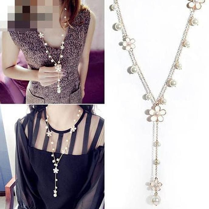 Super Kalung Rantai Panjang Dengan Mutiara Model Bunga Putih Sale