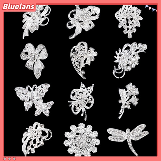12 Pcs Bros Bentuk Bunga Kupu-Kupu Aksen Berlian Imitasi Untuk Wanita