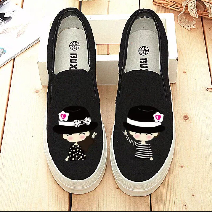 HD-SEPATU WANITA SLIP ON KAWAI PRINTING MURAH - ABU DAN PUTIH