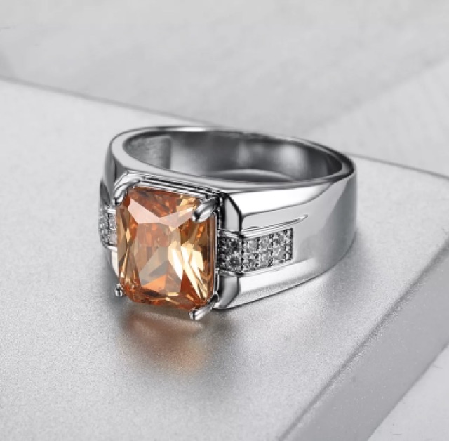 Cincin Perak Pria Batu Kecubung Teh Smoky Quartz Warna Champagne Elegan Minimalis Kantoran