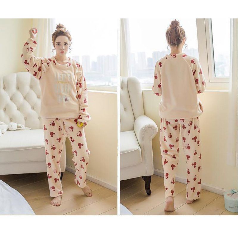 PP  Baju Tidur Setelan Bulu2 Let's Sleep Mickey Bahan Bulu GoodQuality
