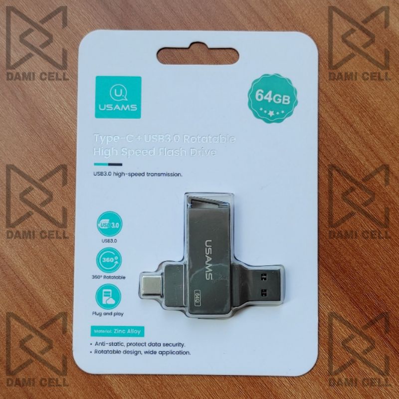 USAMS Flashdisk Rotatable 32/64/128GB OTG Type-C + USB 3.0 High Speed Dual Drive Original