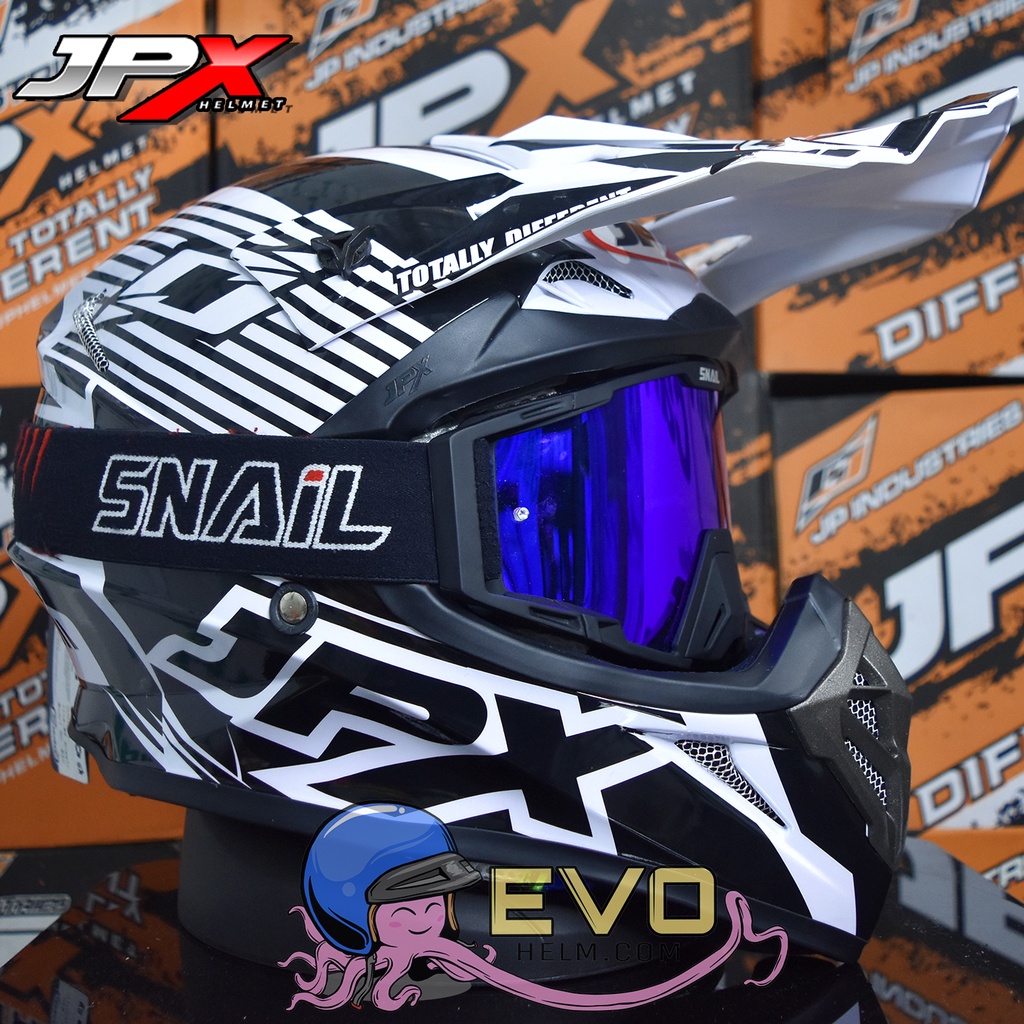 HELM JPX CROSS_FOX1 SERI X12 - PEARL WHITE GLOSS + GOOGLE SNAIL (ONGKIR 2 KG) HELM JPX X12 CROSS ORIGINAL HELM JPX ZEBRA HELM TRAIL KLX ADVENTURE JPX X12 MOTIF ZEBRA PAKET GANTENG GOOGLE SNAIL HELM JPX TERBARU