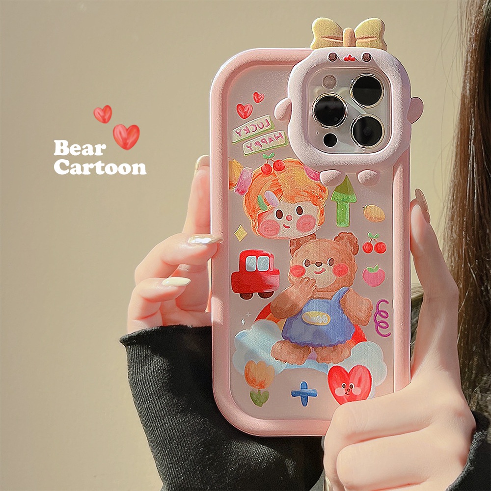 2 IN 1 Case Pelindung Lensa Kamera Transparan Motif Lukisan Cat Minyak Beruang 3D Untuk Iphone 11 12 13 14 PLUS PRO MAX
