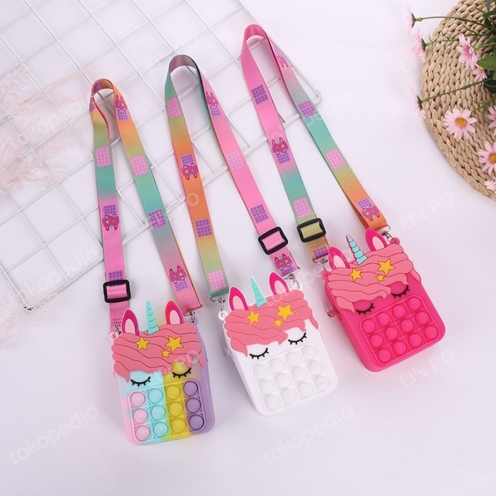 Tas Pop It Slempang Anak Sling Bag Dompet Popit Rainbow Unicorn - Ungu