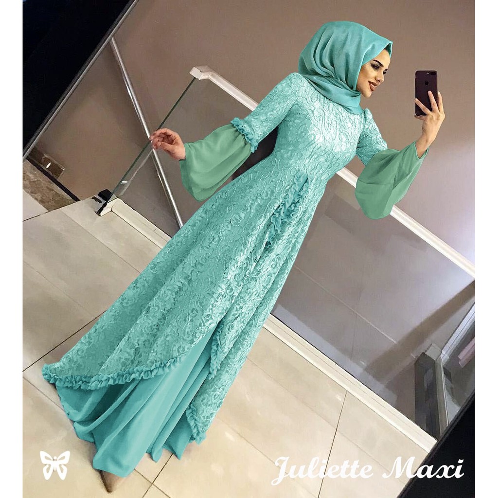 Maxi Gamis JULIETTE XL dan 3XL JUMBO Brukat + Hyget kombi lengan Sifon Berkualitas Terbaru-Toska