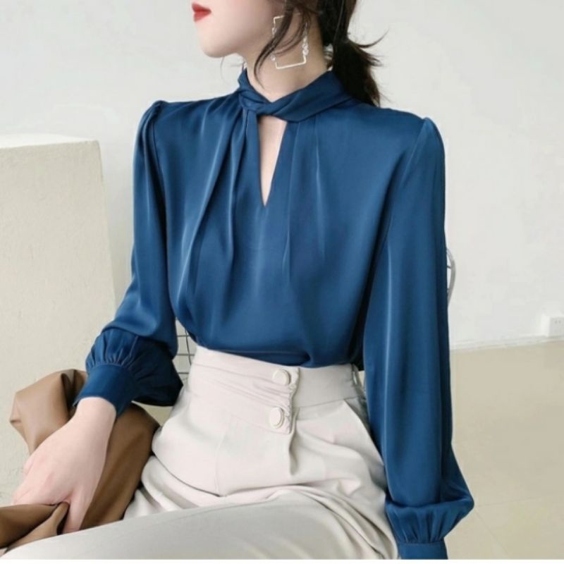 MDLV ~ 2162# Charlene Twist Neck Top Satin Blouse Premium Blouse Import Blouse Korea Blouse Satin Lengan Panjang Fashion Import