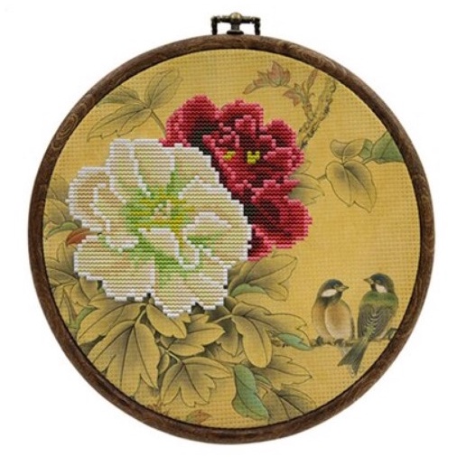 Paket Kristik Bunga Merah Putih Latar Kuning dengan Hoop Pembidang [ Sulam Strimin Pola Kain Cross S