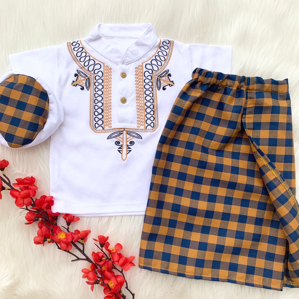 Setelan Baju Koko Peci dan Sarung bordir Lebaran Keren Bestseller Anak Bayi Cowok Laki Murah -kok