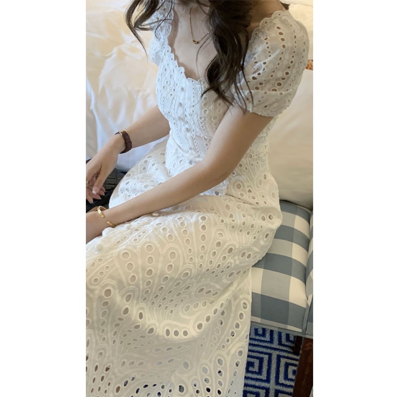 Nico##eyelet dress / Dress Korean Import / Musim Panas Camellia / Bahasa Perancis Square Kerah Bordir Renda Berongga Tea Break Panjang