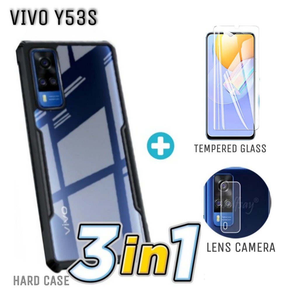 Case VIVO Y53S Hard Case Fusion Shockproof Transparant Free Tempered Glass Layar  &  Lens Camera