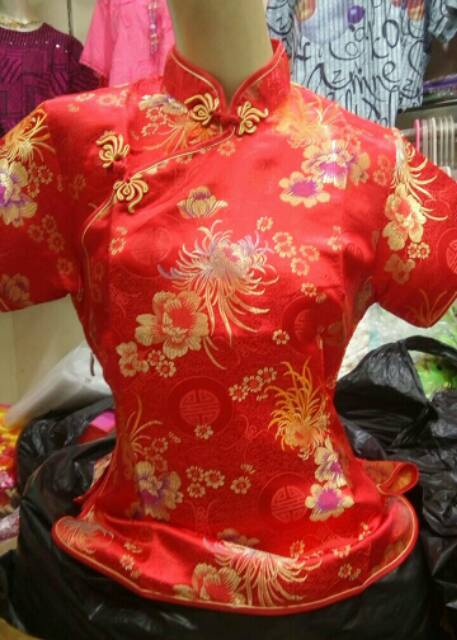 ReStock Qipao Blouse Wanita Motif Kembang Merah