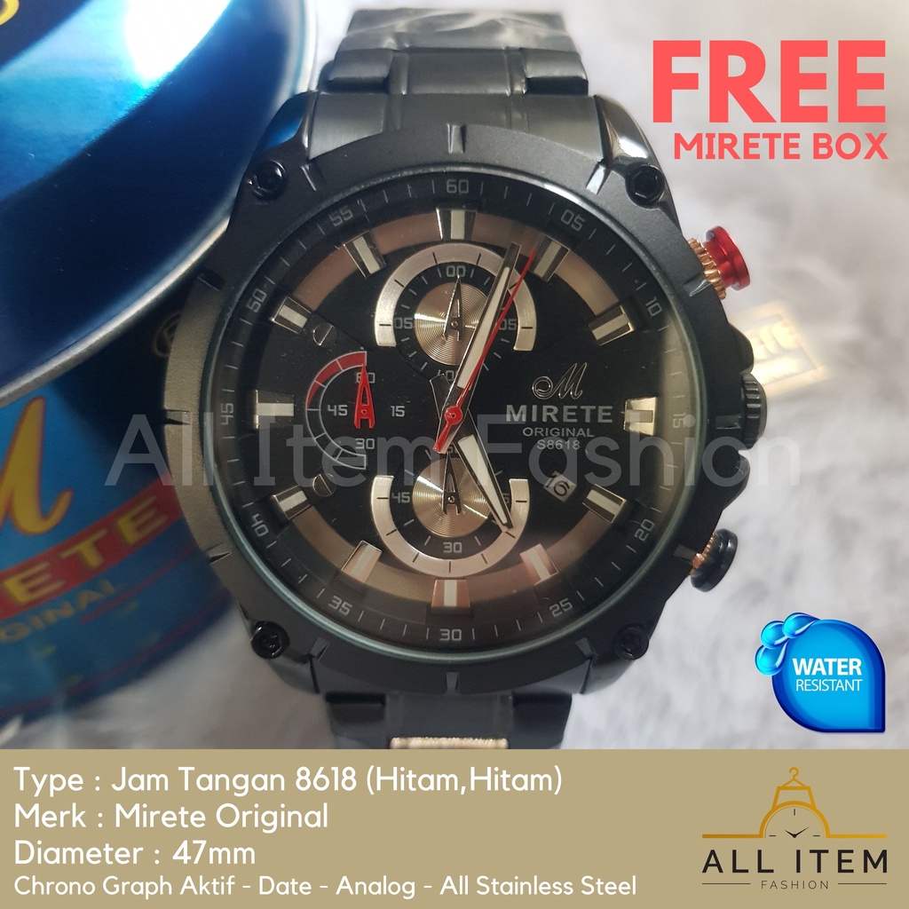 Jam Tangan Chrono Rantai MIRETE 8618 / Jam Tangan Pria Anti Air ORI / Arloji / Watches (FREE BOX)