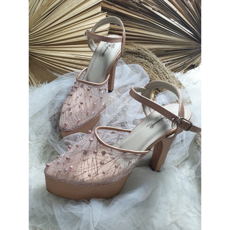 sepatu purri rosegold abstrak lace mutiara tabut tinggi 12cm